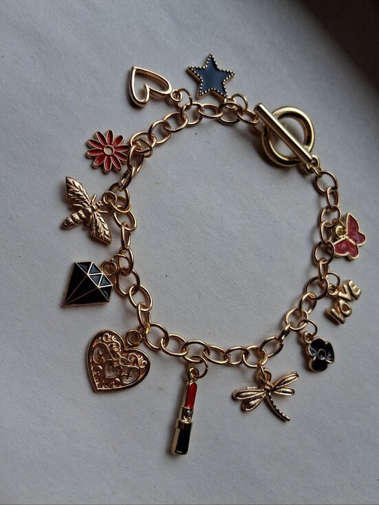 Hand Crafted Jewelry - Gold-Tone Charm Bracelet with Multicolor Enamel Accents